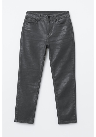 Kadın Yüksek Bel Parlak Mum Kumaş Wide Leg Jean Pantolon Füme