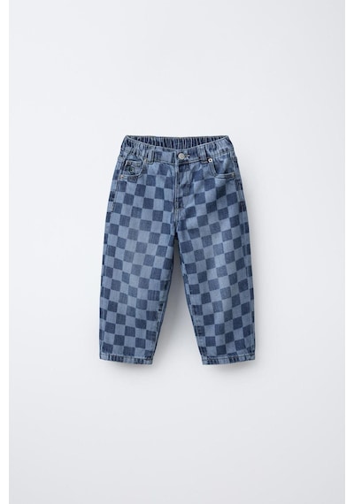 Magu Erkek Çocuk Kare Desenli Mavi Denim Pantolon