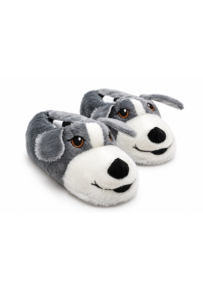 Modafocus Sevimli Köpek Figürlü Sessiz Kaydırmaz Taban Peluş Unisex Ev Pandufu Sevgili Kombin Terliği Füme