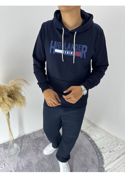 Say-Has Fashion Kapüşonlu Göğüs Baskılı Sweatshirt Lacivert