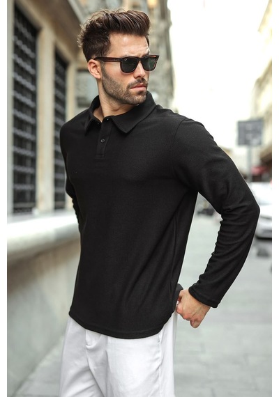 Madmext Siyah Gömlek Yaka Dokulu Regular Fit Erkek Sweatshirt E7203