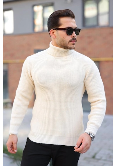 Defymoda Erkek Boğazlı Örme Kazak Açık Krem