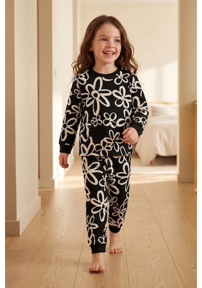 Zuzunga Kız Çocuk Siyah Beyaz Büyük Papatya Desenli Uzun Kollu Pijama Takımı