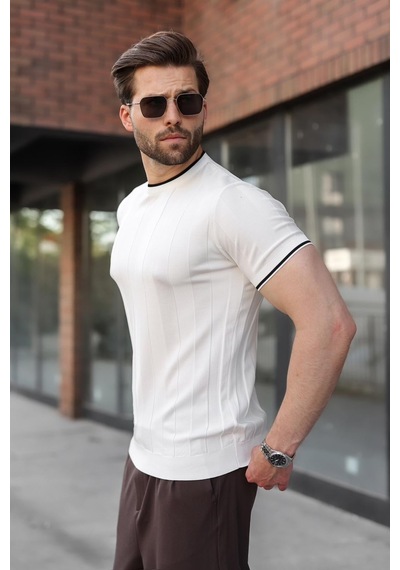 Madmext Beyaz Bisiklet Yaka Regular Fit Triko Erkek Tişört E7487