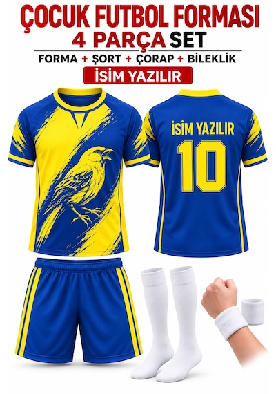 Yenteks İsim Yazılır Çocuk Futbol Forması Sarı Lacivert Kanaraya Dijital Baskı 4 Parça