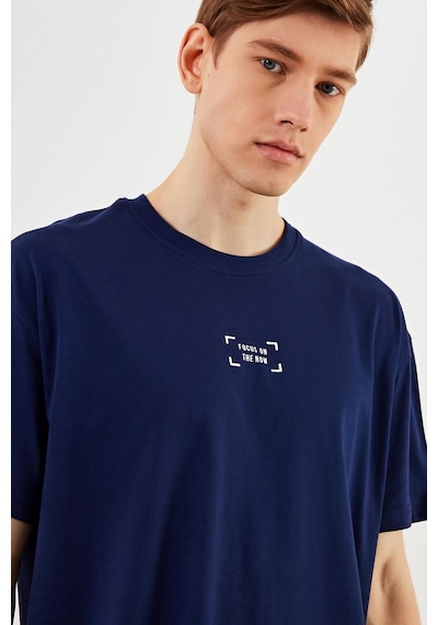 Leo Erkek Oversize Tshirt %100 Pamuk Bisiklet Yaka Baskı Detaylı Basic Tişört Mtlce85 Lacivert