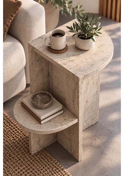 Sulorahome Ekru Traverten Desenli Raflı Yan Sehpa 53x35 Cm