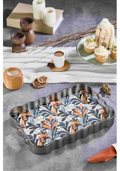 Dijital Baskılı Cam Servis Tepsisi Ebruli Motifli, 40x28 Cm Siyah