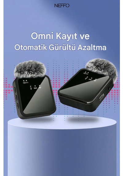 2 Mikrofonlu Kablosuz Yaka Mikrofonu Tüylü Rüzgar Önleyici 20 M Menzil İos Android Uyumlu
