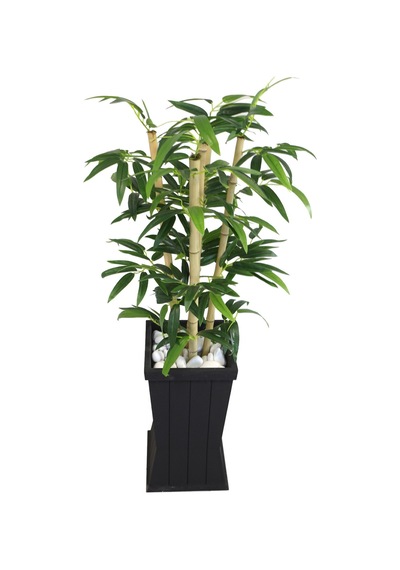 Yapay Çiçek Deposu Yapay Yapraklı Ahşap Saksıda Bambu Ağacı Tanzim 5 Gövdeli 130 Cm