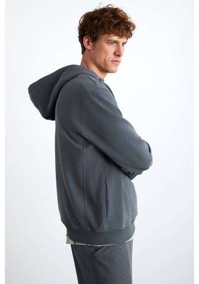 Grimelange Alessıo Erkek %100 Pamuk Kapüşonlu Kordon Detaylı Oversize Fit Gri Sweatshirt Gri