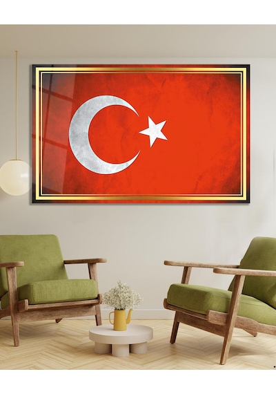 Bayrak Cam Tablo Modern Ofis Makam Odası Hediyelik Büyük Tablo Duvar Dekoru