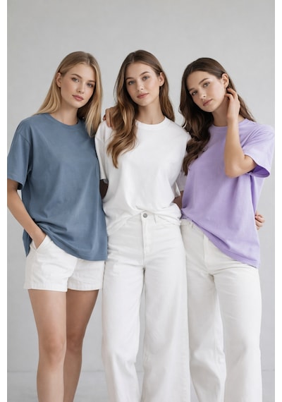 Kadın 3'lü Paket Antrasit-beyaz-lila %100 Pamuk Oversize Basic Tişört Bisiklet Yaka Relaxed T-shirt Hardal-saks Mavi-turkuaz
