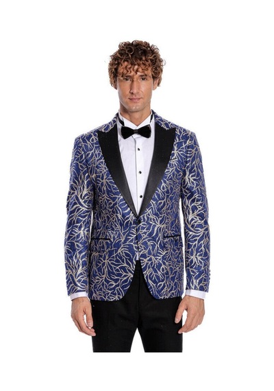 Wessi Işıltılı Sarmaşık Desenli Slim Fit Mavi Erkek Smokin Ceket Mavi