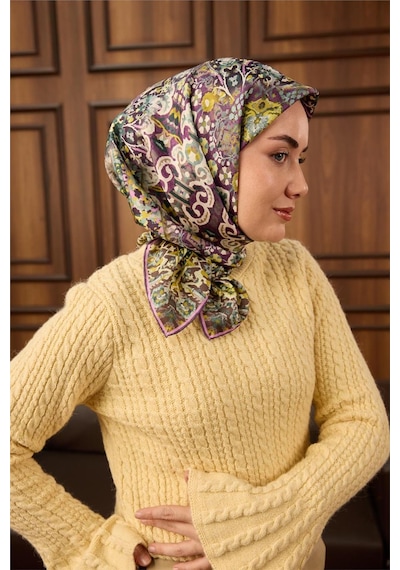 Silk Home Twill İpek Eşarp Mürdüm-butter Yellow Desenli Tok Duruşlu 90x90 Çok Renkli