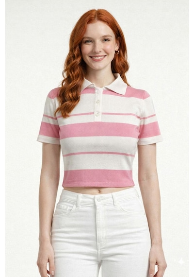 Neden Tekstil Çizgili Polo Yaka Düğmeli Triko Crop Bluz - Pembe