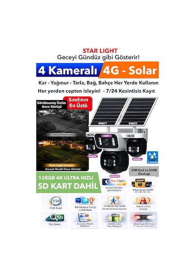4 Kamera 20mp Güneş Enerjili 4g Güvenlik Kamerası Startlight Üstün Gece Görüşlü 128gb Sd Kart