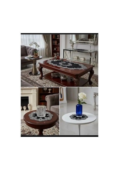 Elora Siyah Model 5 Parça Velvet Kadife Dantelli Runner Seti Salon Takımı