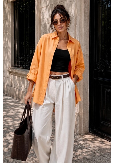 Bb Butik Basic Kadın Oversize Poplin Gömlek Uzun Kollu Basic Gömlek Tr0735 turuncu