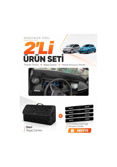 Renault Zoe 2012-2024 Uyumlu Torpido Örtüsü + Deri Bagaj Çantası + Sticker Seti - Siyah