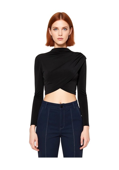 Frm Kadın Moda Şık Üst Giyim Super Crop Dik Yaka Slim Kalıp Örme Drap siyah