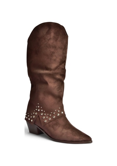 Fox Shoes Z726106802 Kahverengi Süet Kalın Topuklu Pim Detaylı Kadın Çizme