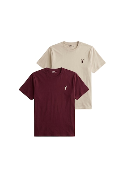 Genius Store Erkek Siyah Tişört %100 Pamuk Süprem Basic Tişört Bisiklet Yaka Nakışlı T-shirt Erkek-2li Bordo-bej