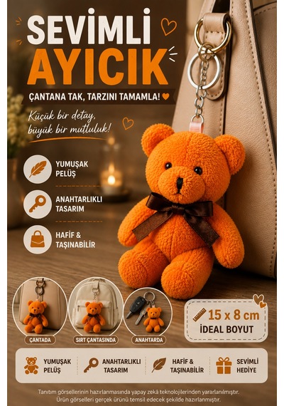 1 Adet Turuncu Peluş Ayıcık Anahtarlık 15x8 Cm Çanta Sırt Çantası Anahtar Aksesuar Sevimli Fiyonk