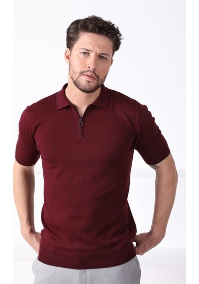 Ferraro Bordo Polo Yaka Fermuarlı Erkek Pamuk Triko T-Shirt-Bordo (417942847) Bordo