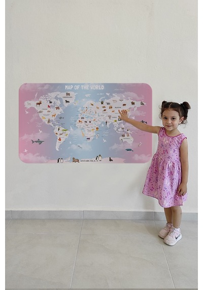 Eğitici Dünya Haritası Dünya Atlası Çocuk Ve Bebek Odası Duvar Sticker-85x130-3801 Çok Renkli