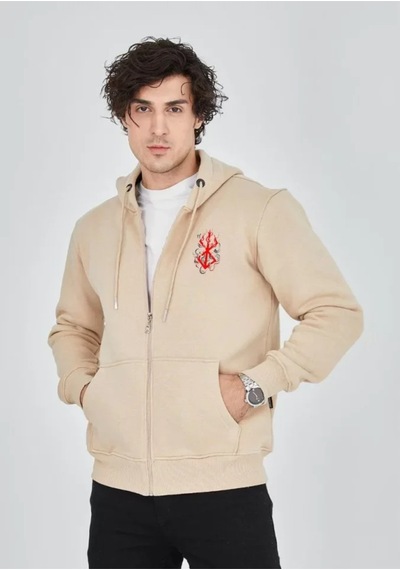 Butik İstanbul Unisex Baskılı Tam Fermuarlı Kapşonlu Sweatshirt - Bej