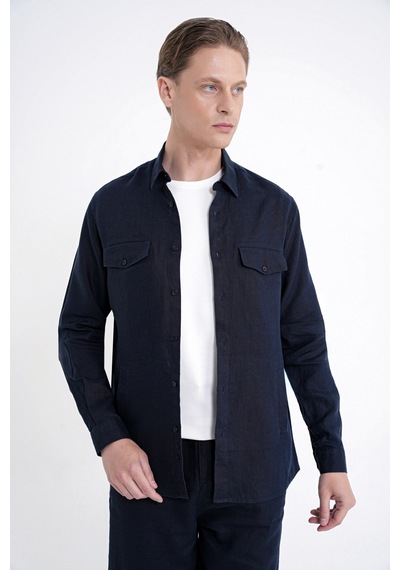 Comfort Fit Yan Cepli %100 Keten Lacivert Gömlek Ceket G 1602