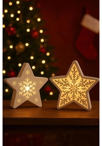 Yılbaşı Temalı Yıldız Dekor Seti 15 Cm Işıklı Led Mumlu Kar Tanesi - 2'li Set Noel Yıldızı Set - 799524671