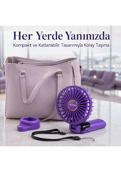 Mkio Şarjlı El Vantilatörü 5 Kademeli, Katlanabilir Dijital Ekranlı Mini El Fanı, 1200 Mah, 5 Pervaneli Güçlü Hava Akışı, Standlı Masaüstü Fan, Usb Şarjlı - Mor Renk