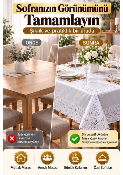 Beyaz 120x152 Cm Dantel Görünümlü Pvc Masa Örtüsü Sıvı Geçirmez Silinebilir Mutfak Masa Örtüsü Lüks