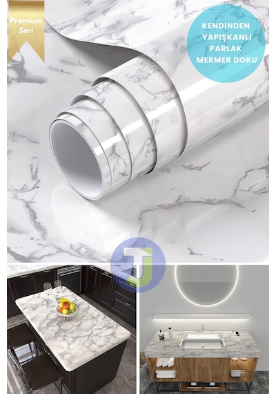 Technojet Kendinden Yapışkanlı Mermer Desen Folyo Mutfak Banyo Tezgah Duvar Kaplama 60cmx500cm Beyaz