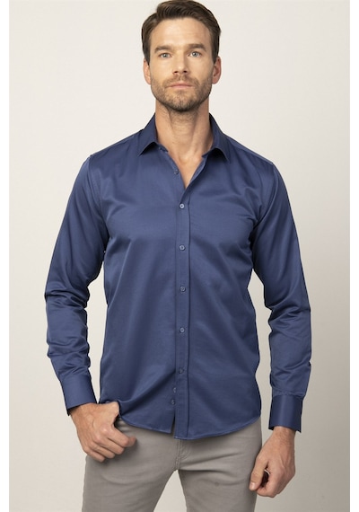 Tudors Modern Slim Fit Düz Saten Erkek Gömlek-23053 Lacivert