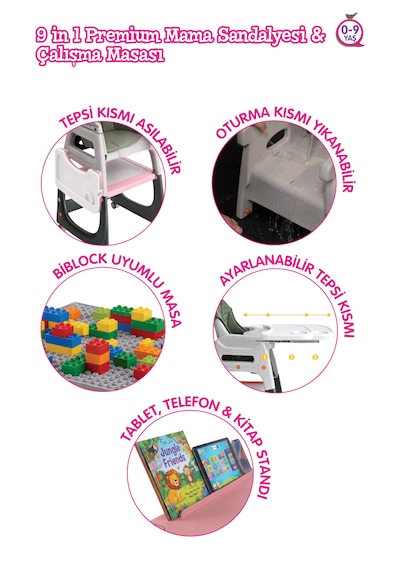 9'u 1 Arada Dönüşebilen Mama Sandalyesi Ve Aktivite Masası - Pembe