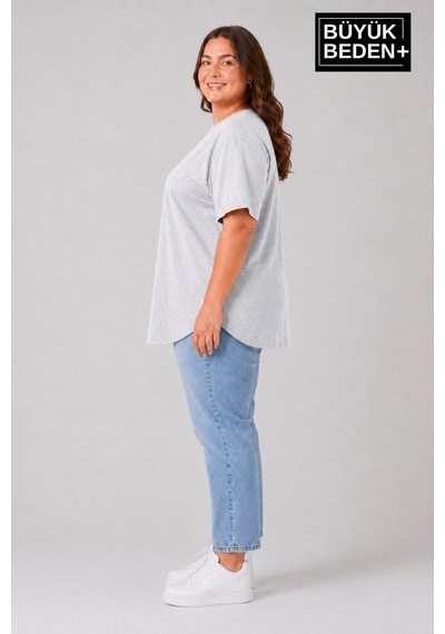 Superlife Süperlife Büyük Beden Kadın Bisiklet Yaka Basic Oval Etek Detalylı 3xl-6xl Uzun Tunik Spr26btsk502 Gri
