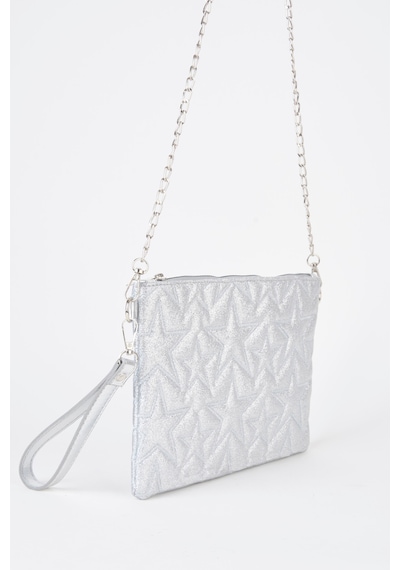 Vivaq Kadın Gümüş Simli Yıldız Nakışlı Suni Deri Bilek Ve Zincir Askılı Portföy El Ve Clutch Çanta