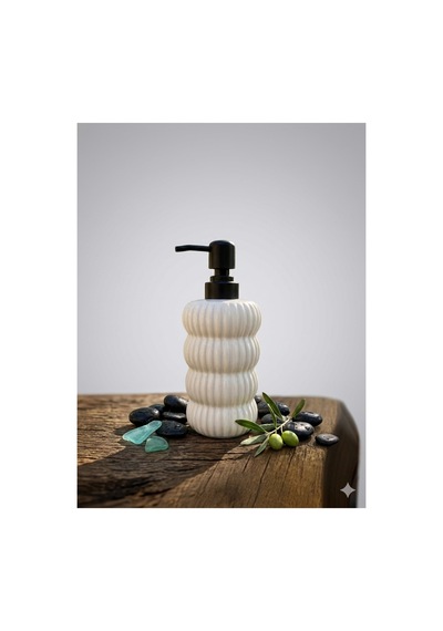 Dalgalı Seramik Mat Siyah Pompalı Sıvı Sabunluk - 400 Ml - 18 X 8 X 7 Cm Beyaz