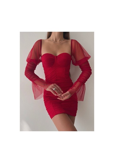 Rabia Çelik Full Drape Detaylı Tül Kumaş Kırmızı Elbise Kırmızı Kırmızı