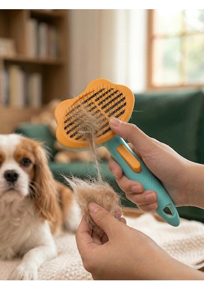 Basmalı Otomatik Temizlenen Kedi Köpek Tarağı - Masaj Etkili Evcil Hayvan Tüy Toplayıcı Fırça