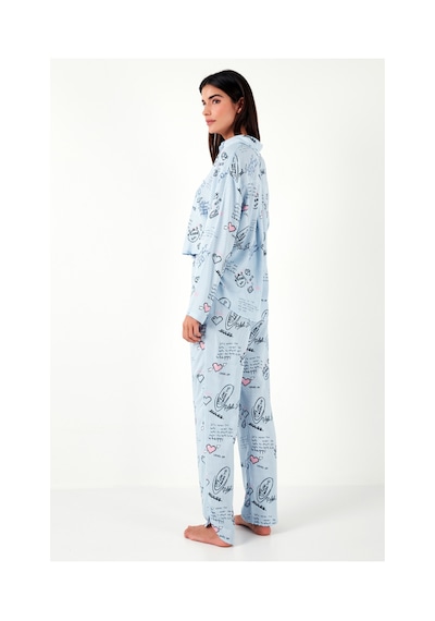 Lela Desenli Rahat Kesim Bol Paça Yazlık Bayan Pijama Takımı 6110014 Açık Mavi