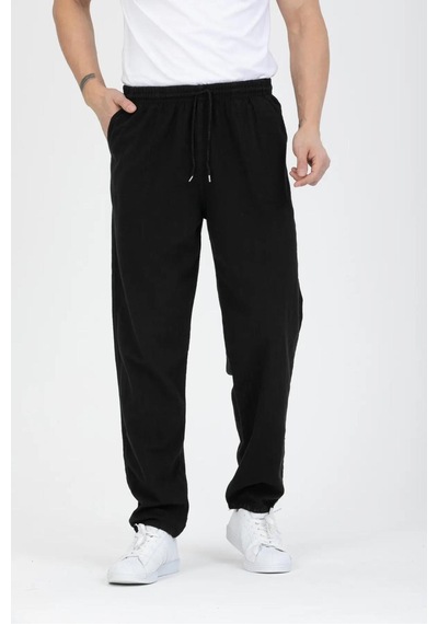 Baw Company Unisex Ince Yazlık Beli Lastikli Kordonlu Keten %100 Pamuklu Kumaş Pantolon Pijama Siyah