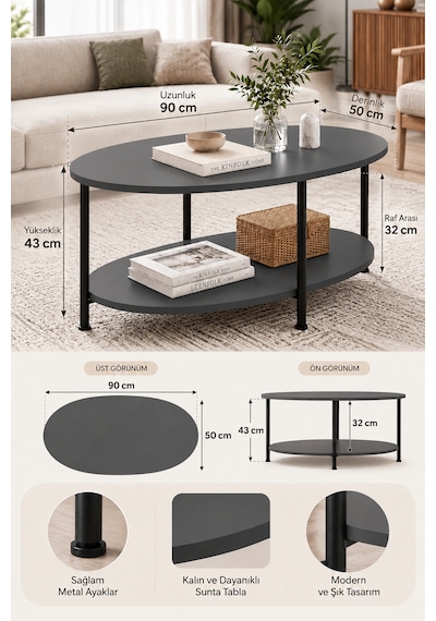 Oval Orta Sehpa 90 Cm İki Katlı Raflı Metal Ayaklı Modern Dekoratif Salon Sehpası Antrasit Oval Orta Sehpa 90 Cm İki Katlı Raflı Metal Ayaklı Modern Dekoratif Salon Sehpası Antrasit