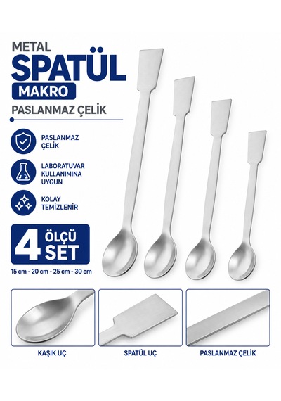 Metal Spatül Makro - Paslanmaz Çelik Spatula - 4 Ölçü Set