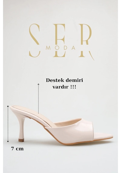 Sermoda Topuklu Kadın Terlik - 7 Cm İnce Topuklu Sivri Burun Kadın Terlik Ten Rugan