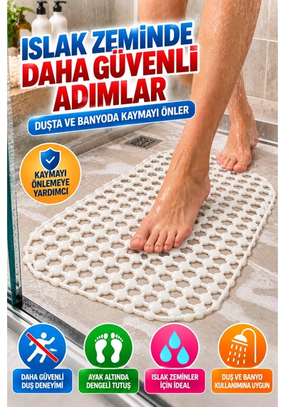 Crystal Kaymaz Vantuzlu Banyo Paspası Beyaz 68x35 Cm Islak Zemin Kaydırmaz Küvet Duşakabin Pvc Matı
