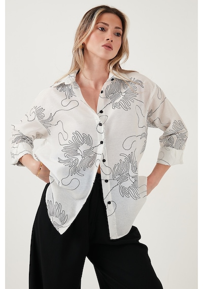 Lela Desenli Regular Fit Uzun Kollu Bayan Gömlek 6773200 Beyaz-Siyah